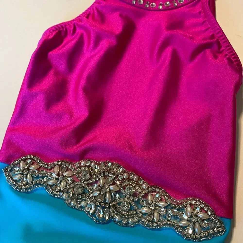 Custom rhinestoned dance costume hot pink Aqua blue leotard child S